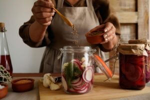 Close-up of hands preparing homemade pickles with spices in a rustic kitchen setting.